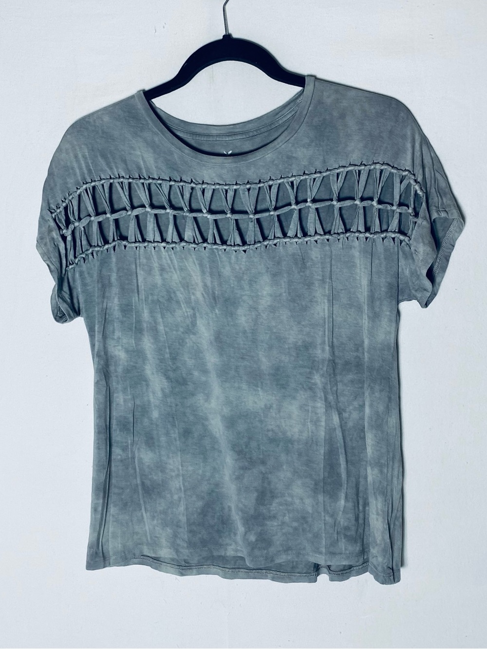 American Eagle Grey Mineral Wash Crochet Detailed Boho T Shirt S